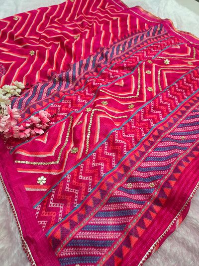 CA0752 Rajasthani Kota Doria Silk Lehariya Saree with Gota Patti Work - Rani