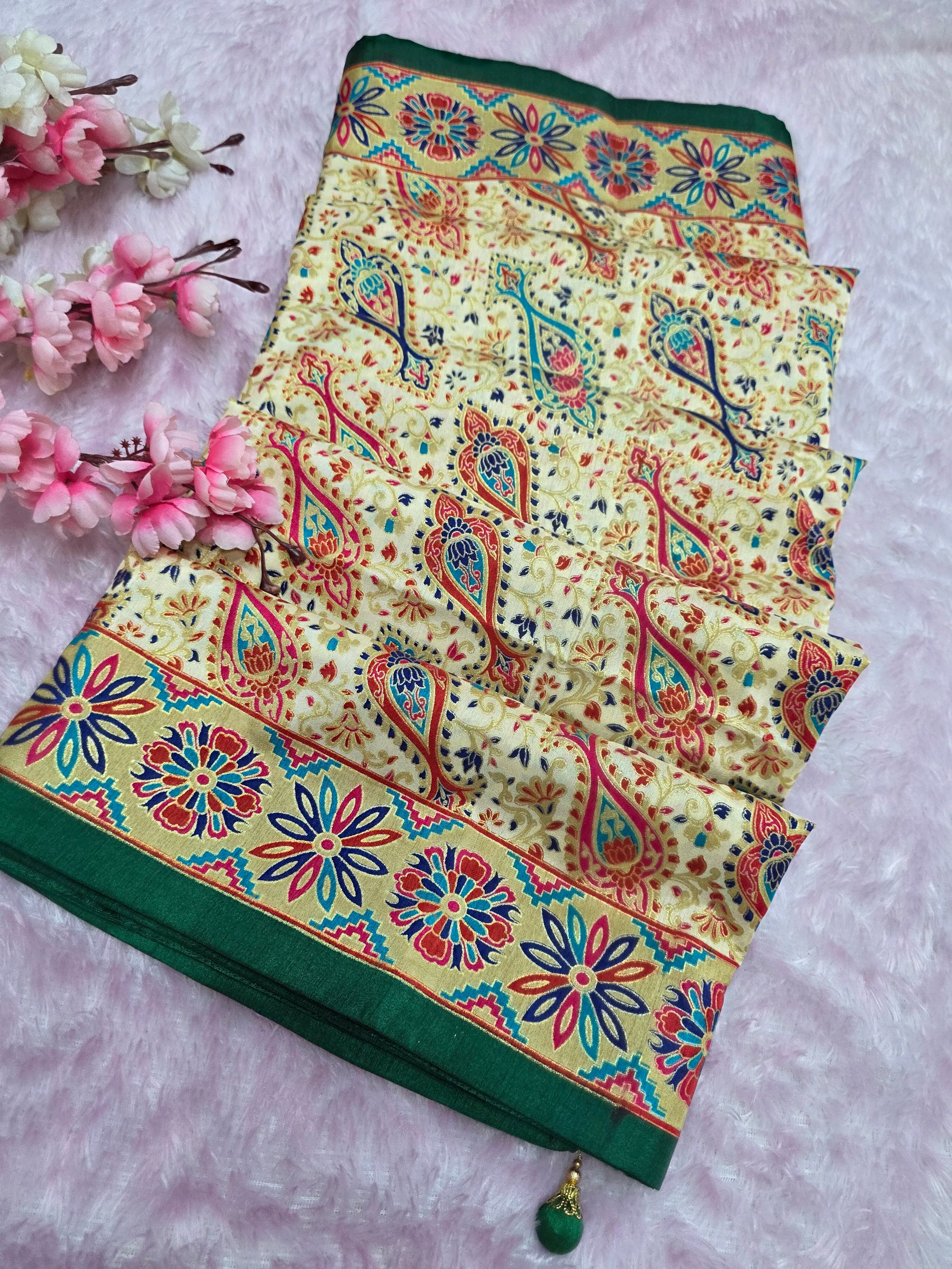 948004 Royal Kashmiri Print Semi Dola Silk Saree - Green