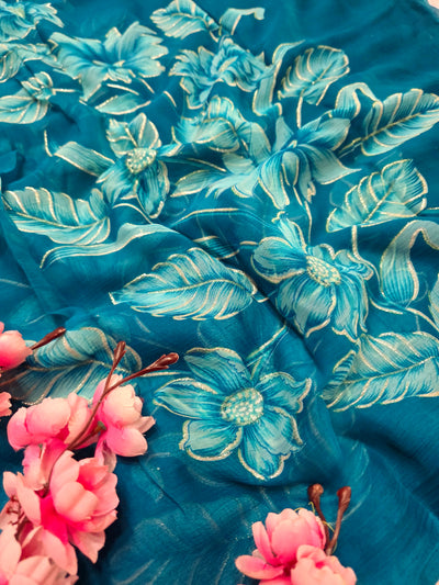 991003 Lightweight Elegant Semi Chiffon Flower Print Saree with Zari Print - Teal