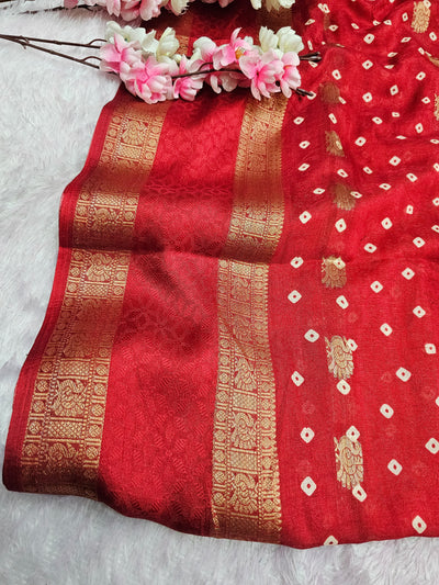 994002 Premium Bandhani Print Self Weaving Crepe Silk Saree With Zari Weaving Border - Red