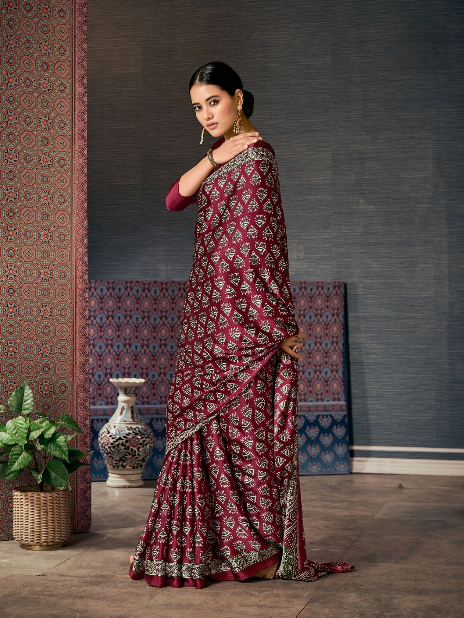 551006 Traditional Ajrakh Print Semi Modal Silk Sareee - Maroon