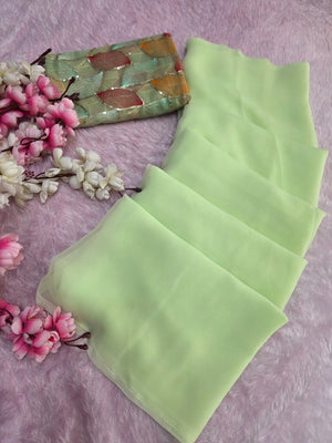 CA1520 Designer Soft Georgette Plain Saree with Designs Blouse - Parrot Green