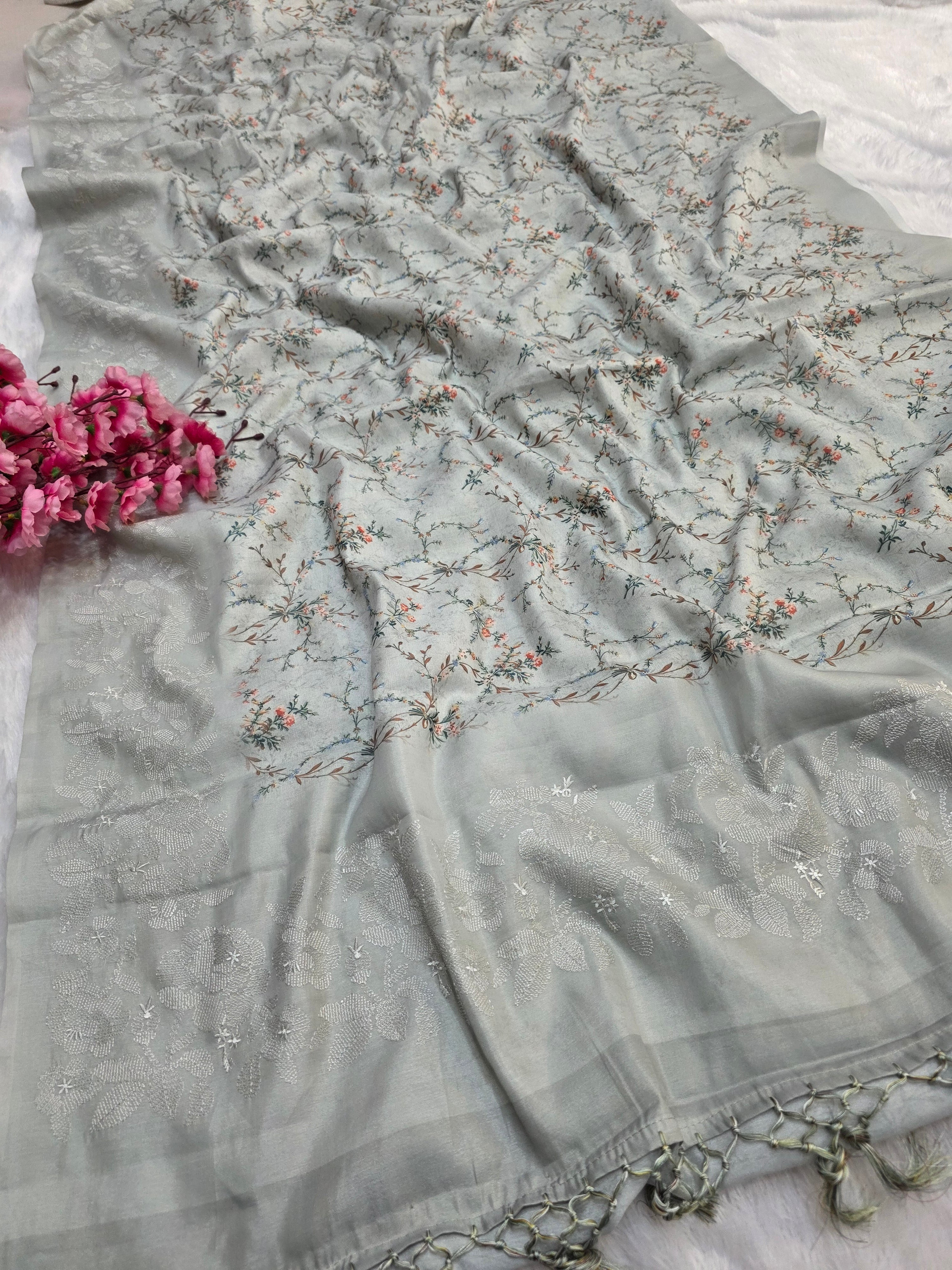 795001 Soft Silk Digital Flower Print With Embroidery Saree