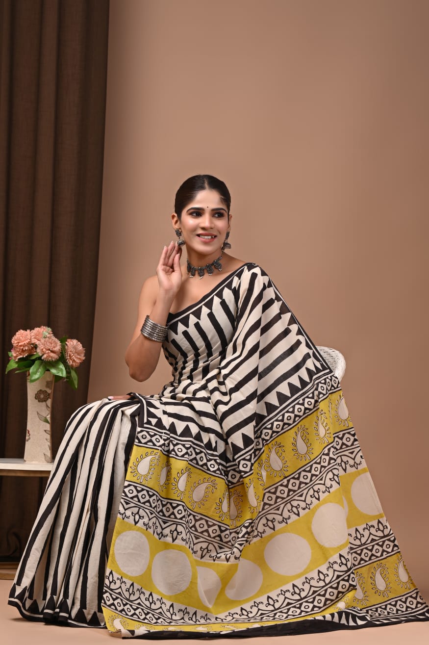 100004 Rajasthani Traditional Pure Malmal Cotton Hand block Printed Saree