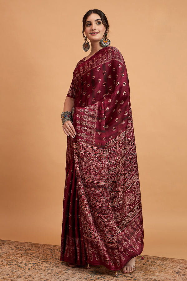 836007 Trending Ajrakh Print Semi Modal Silk Saree - Wine