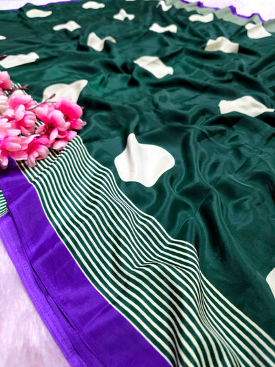 939001 Retro Style Polka Dots Print Satin Silk Saree - Green