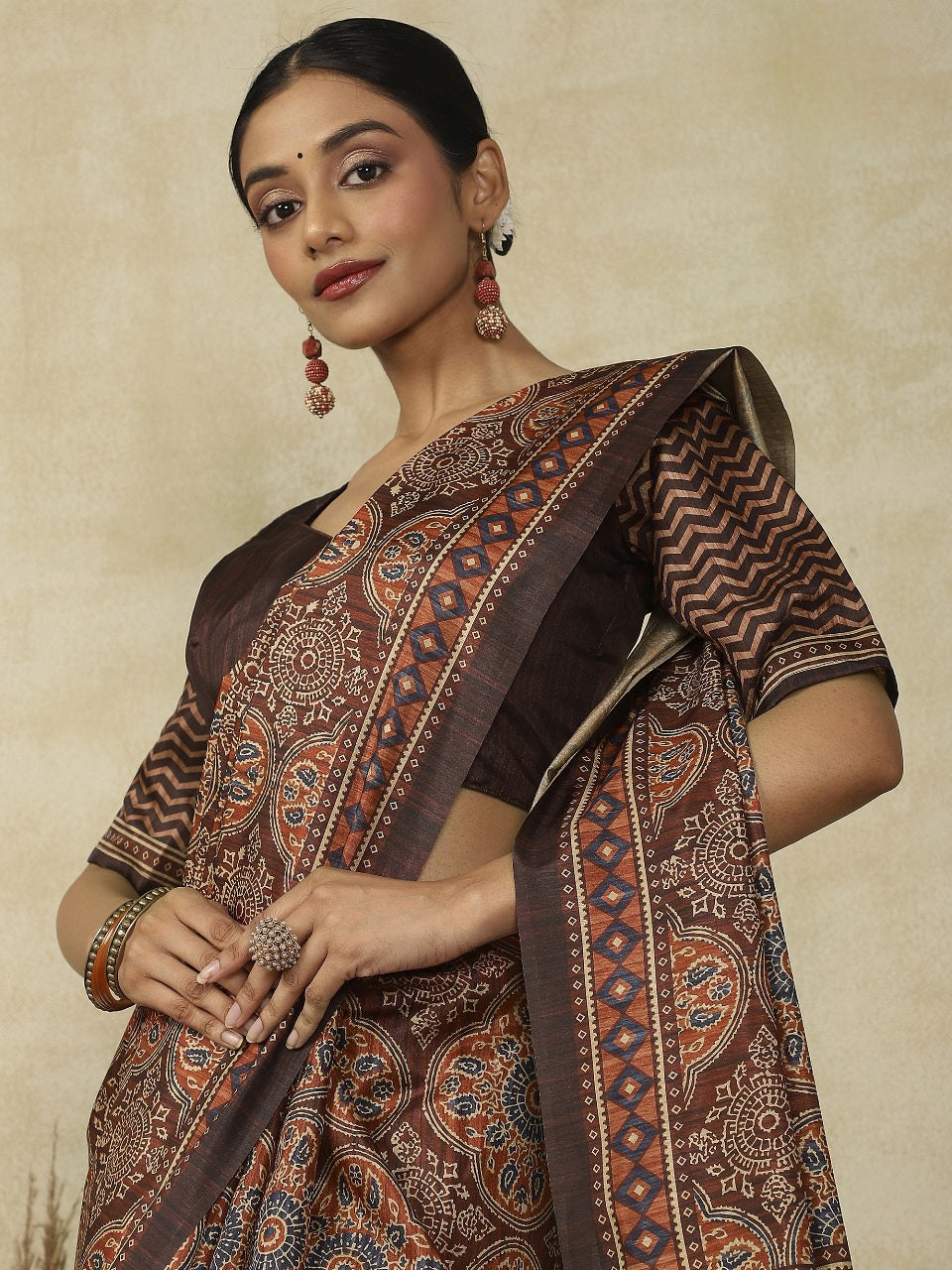 970006 Traditional Ajrakh Print Kozy Silk Light Weight Saree