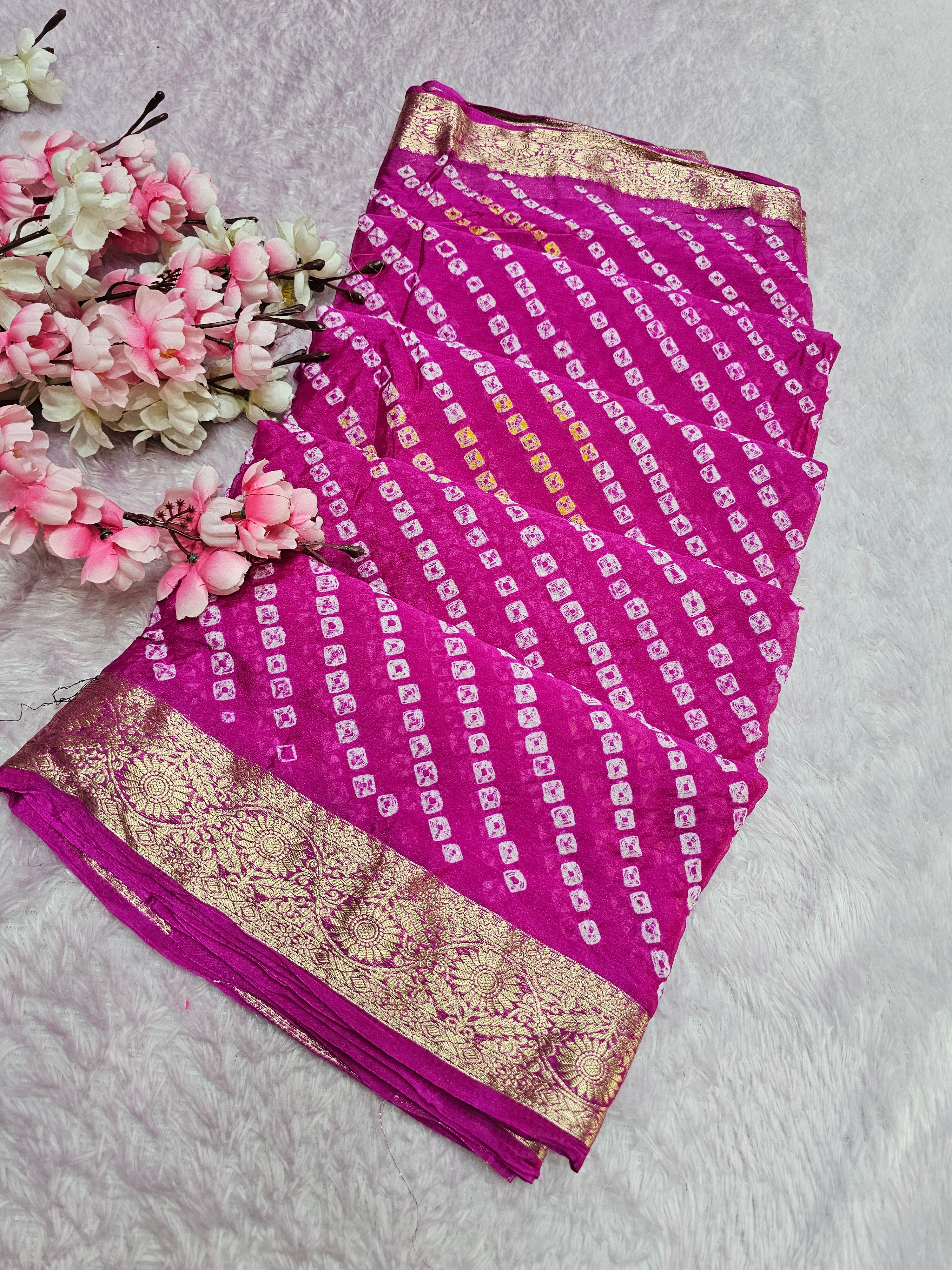 12529 Traditional Hand Bandhani Chinon Silk Soft Saree - Rani