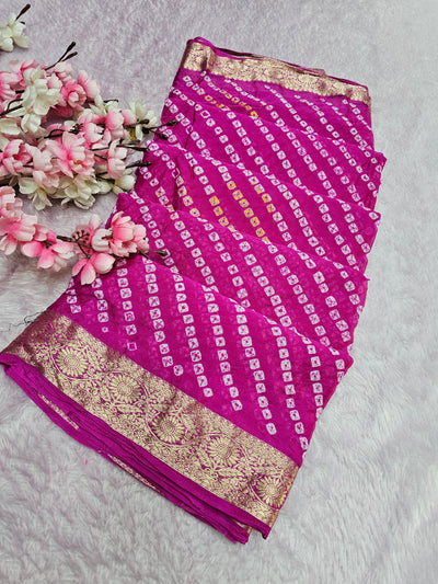 12529 Traditional Hand Bandhani Chinon Silk Soft Saree - Rani