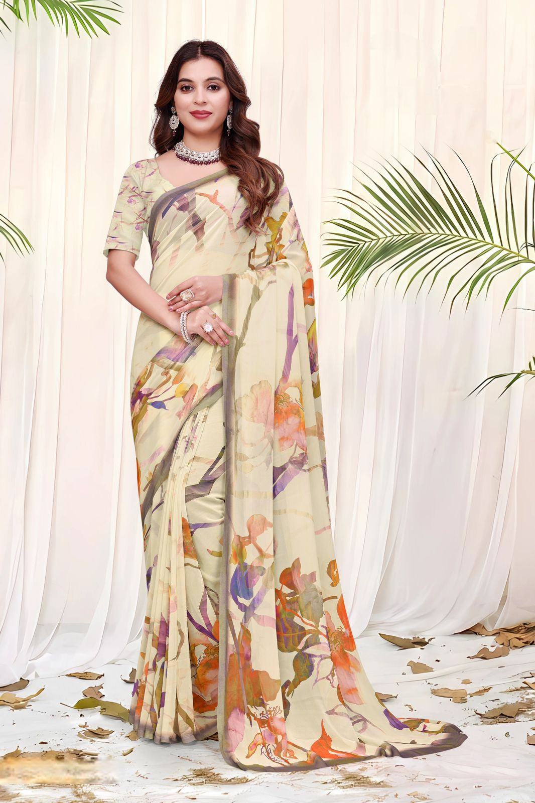 695012 डिजिटल फ्लावर प्रिंट जॉर्जेट क्रेप साड़ी