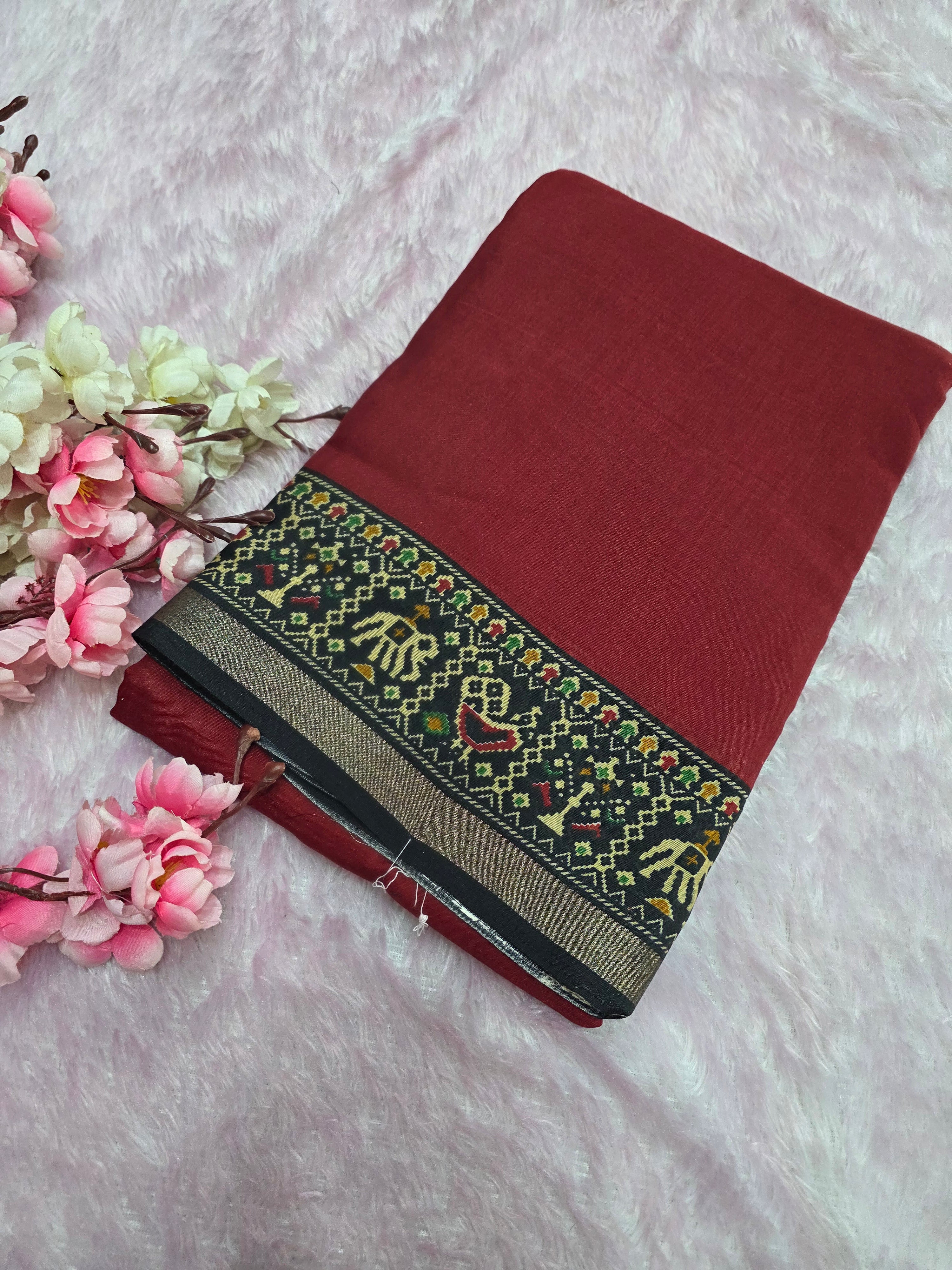 964004 Traditional Patola Border Saree with Plain Body Dola Silk Saree - Maroon