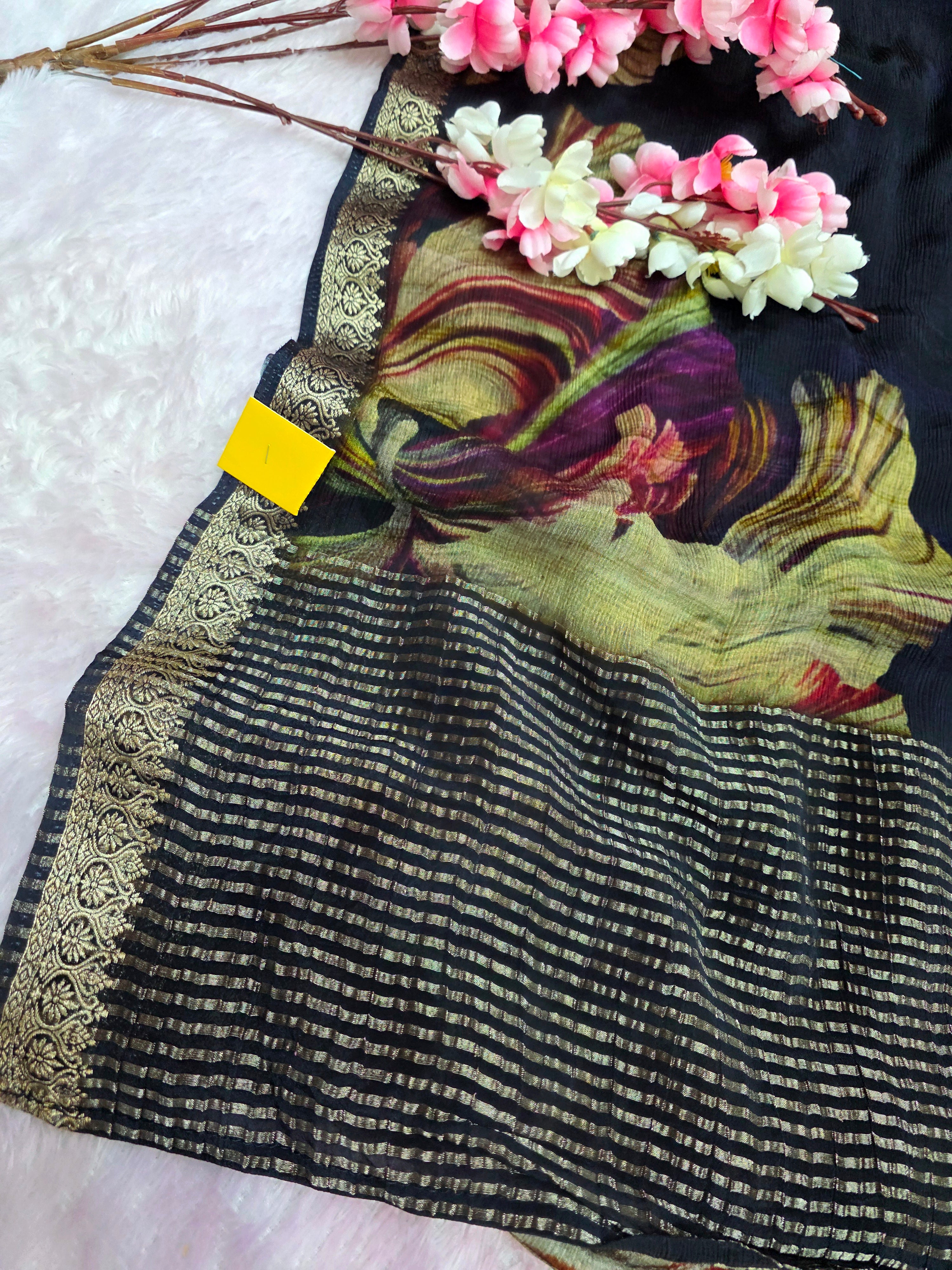 103804 Exclusive Pure Chinon Silk Traditional Print Black Saree with Zari Weaving Border