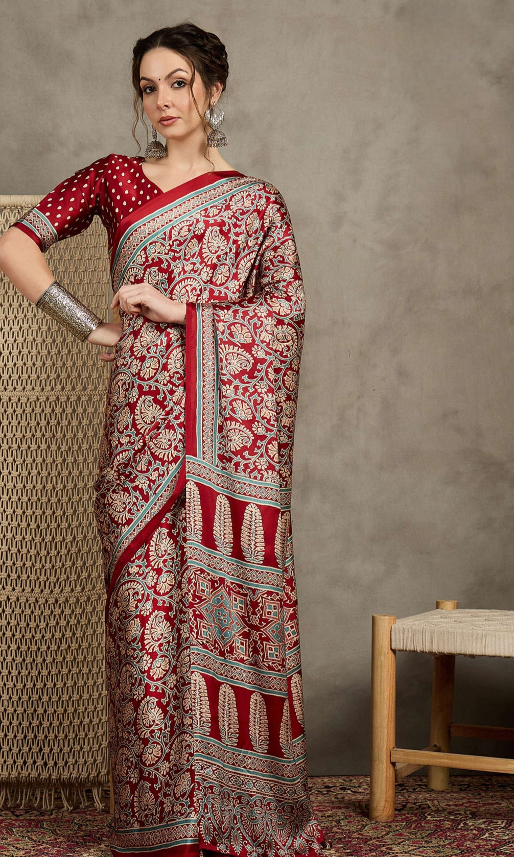 823003 Trending Ajrakh Print Semi Modal Silk Red Saree