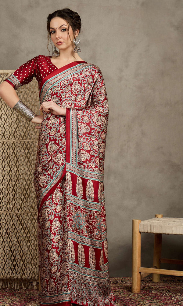 823003 Trending Ajrakh Print Semi Modal Silk Red Saree