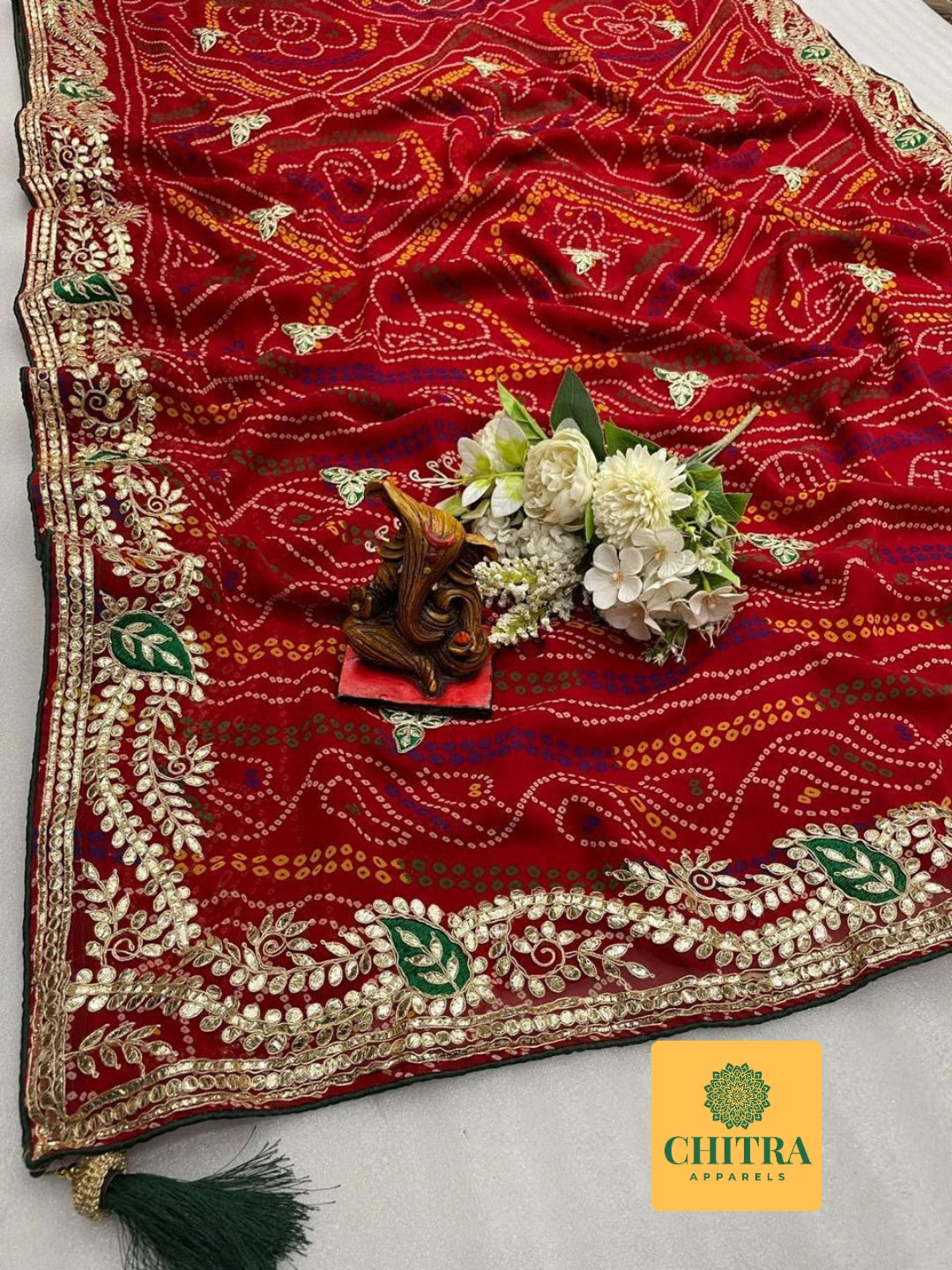 964001 Rajasthani Traditional Bandhani Saree with Gota Patti Work