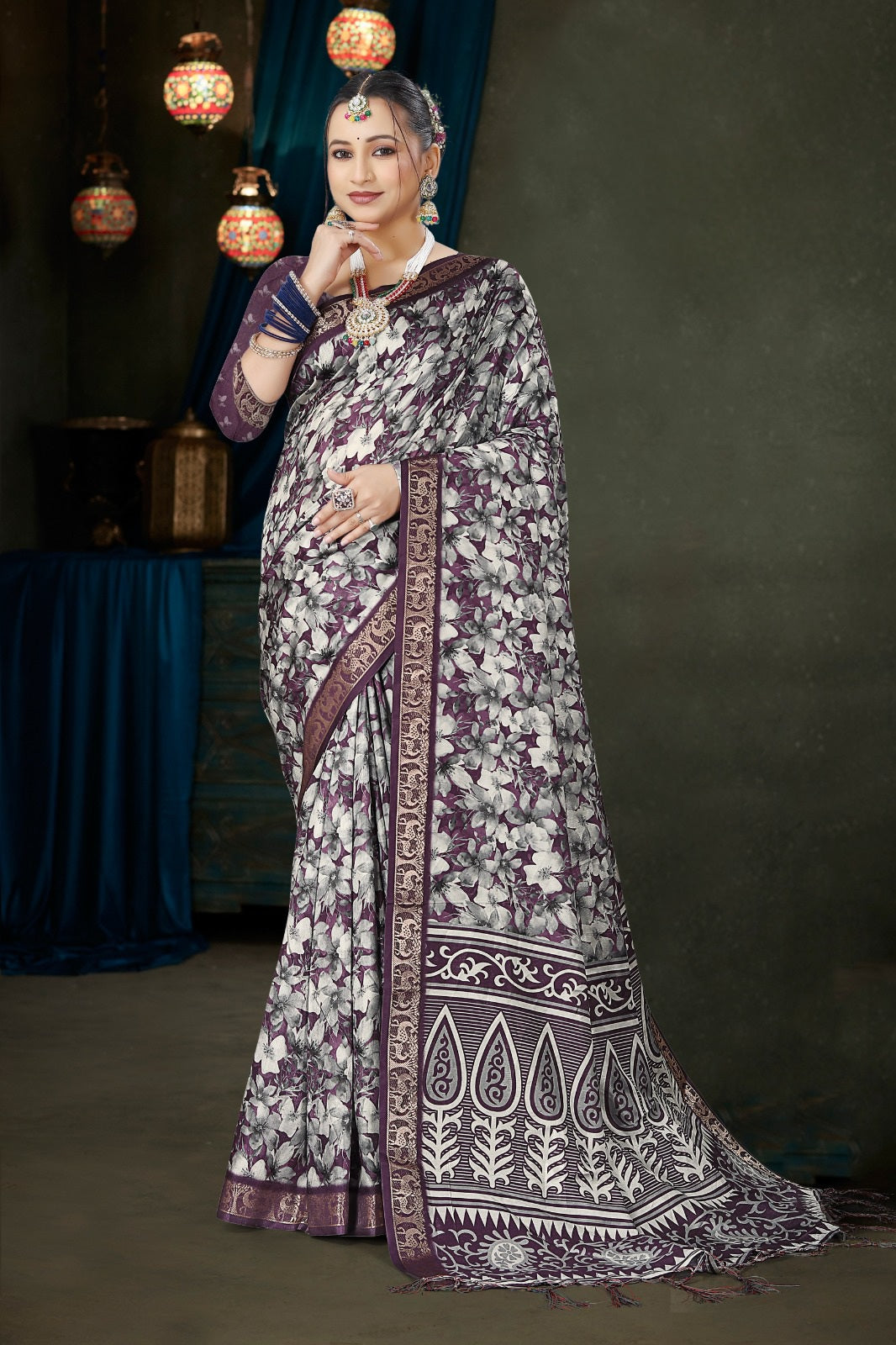 982003 Bollywood Style Soft Crepe Silk Flower Print Saree with Zari Weaving Border