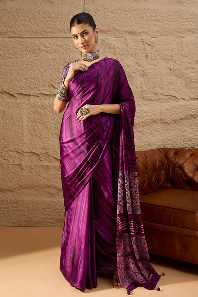917007 Trending Ajrakh Print with Shibbori Semi Modal Silk Saree - Purple