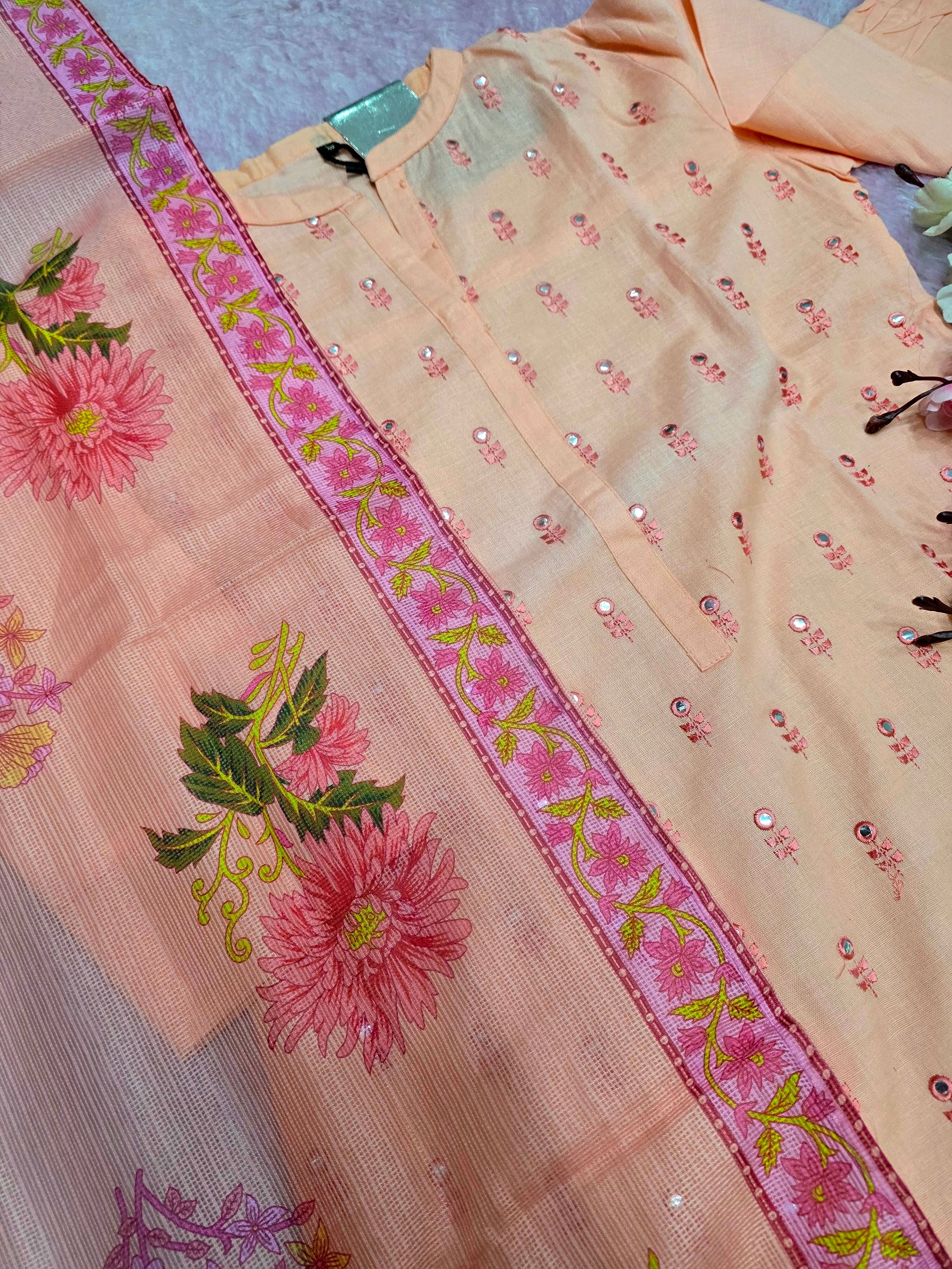 977002 Pure Cotton Designs Kurti with Kota Silk Flower Print Dupatta