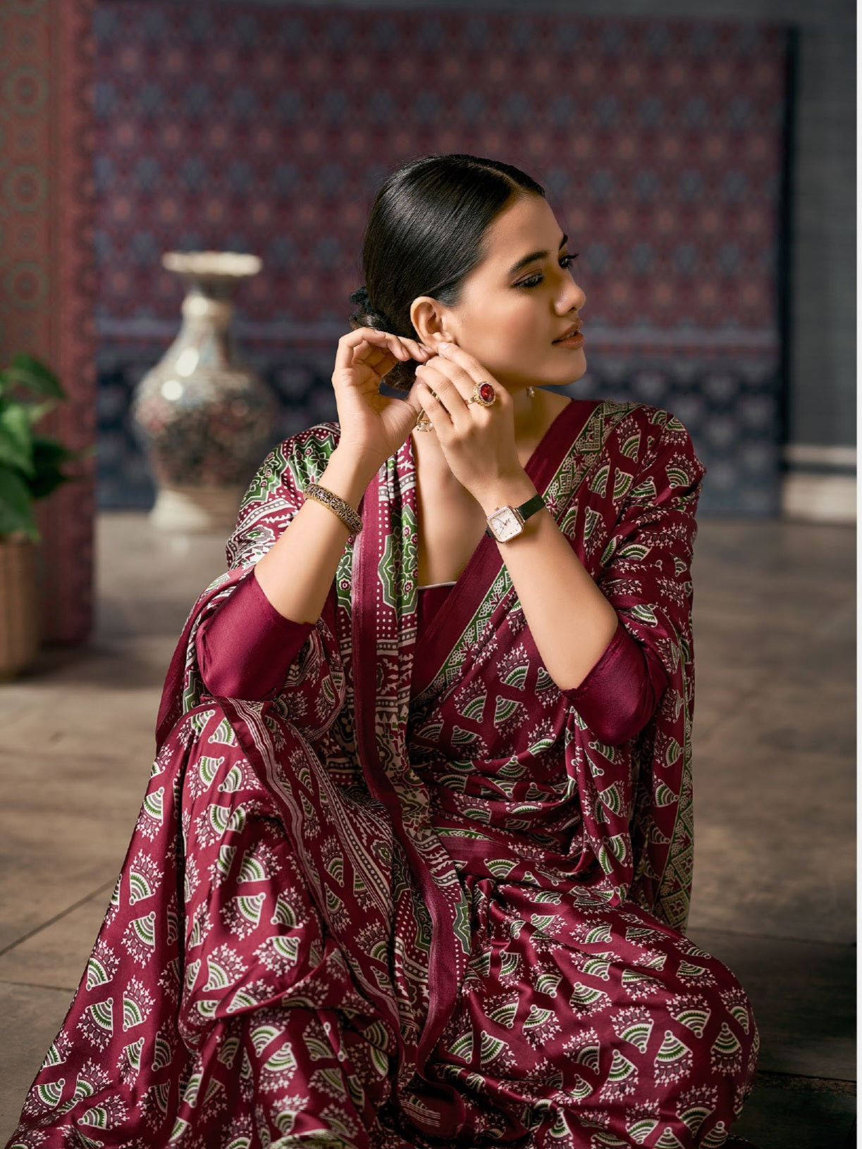 551006 Traditional Ajrakh Print Semi Modal Silk Sareee - Maroon