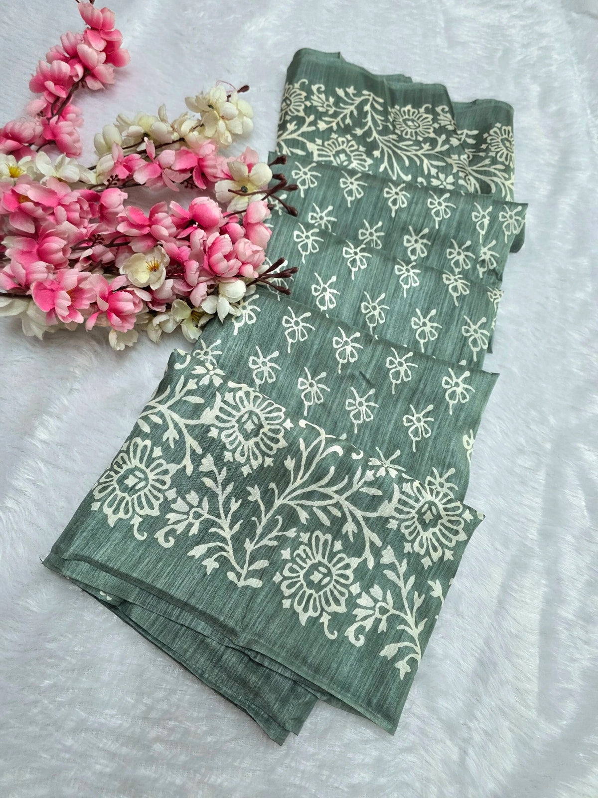 KS121 Semi Dola Silk Block Print Saree - Dusty Green