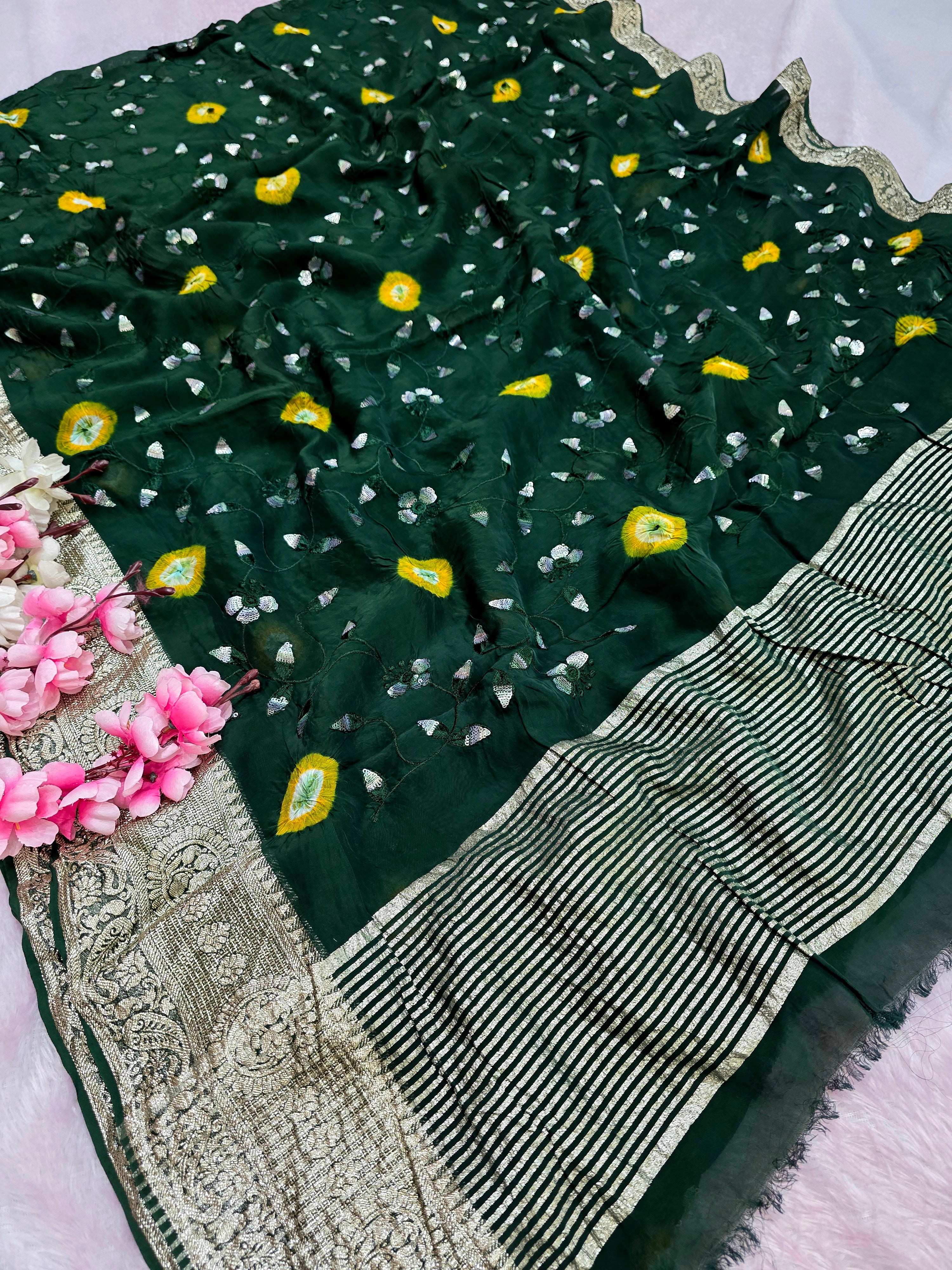 10095 Pure Georgette Organza Hand Bandhani Green Saree with Sequence Work