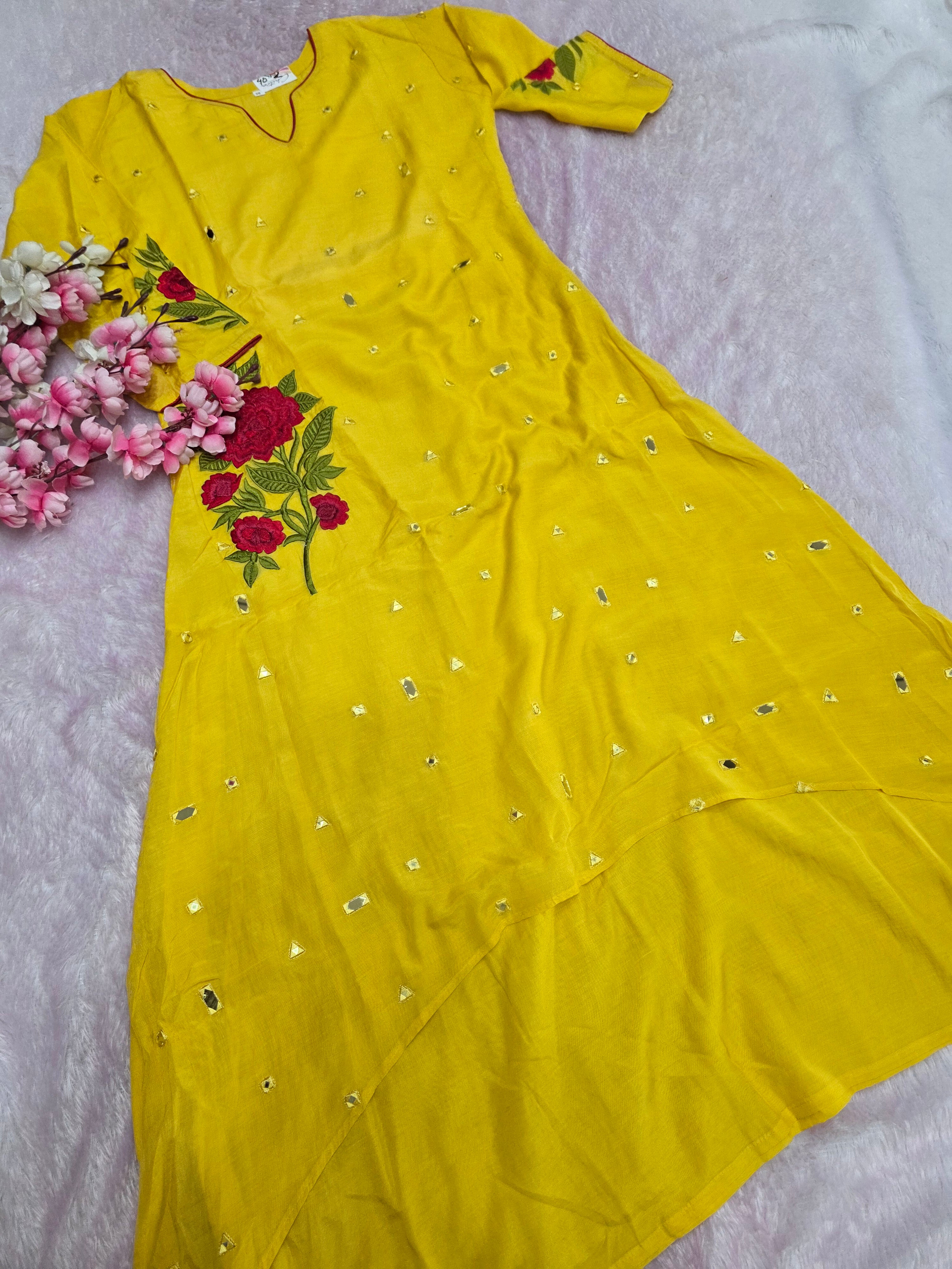 977003 Designer Maslin Fancy Kurti With Mirror Work