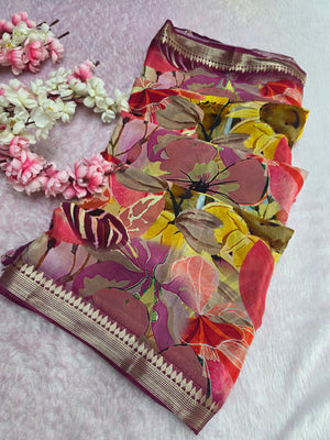 CA0715 Chitra Special Pure Chinon Silk Printed Saree Pink