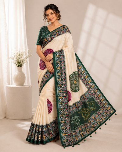 CA0768 Trending Mirror Work Ajrakh Patola Print Semi Modal Silk Saree - Green