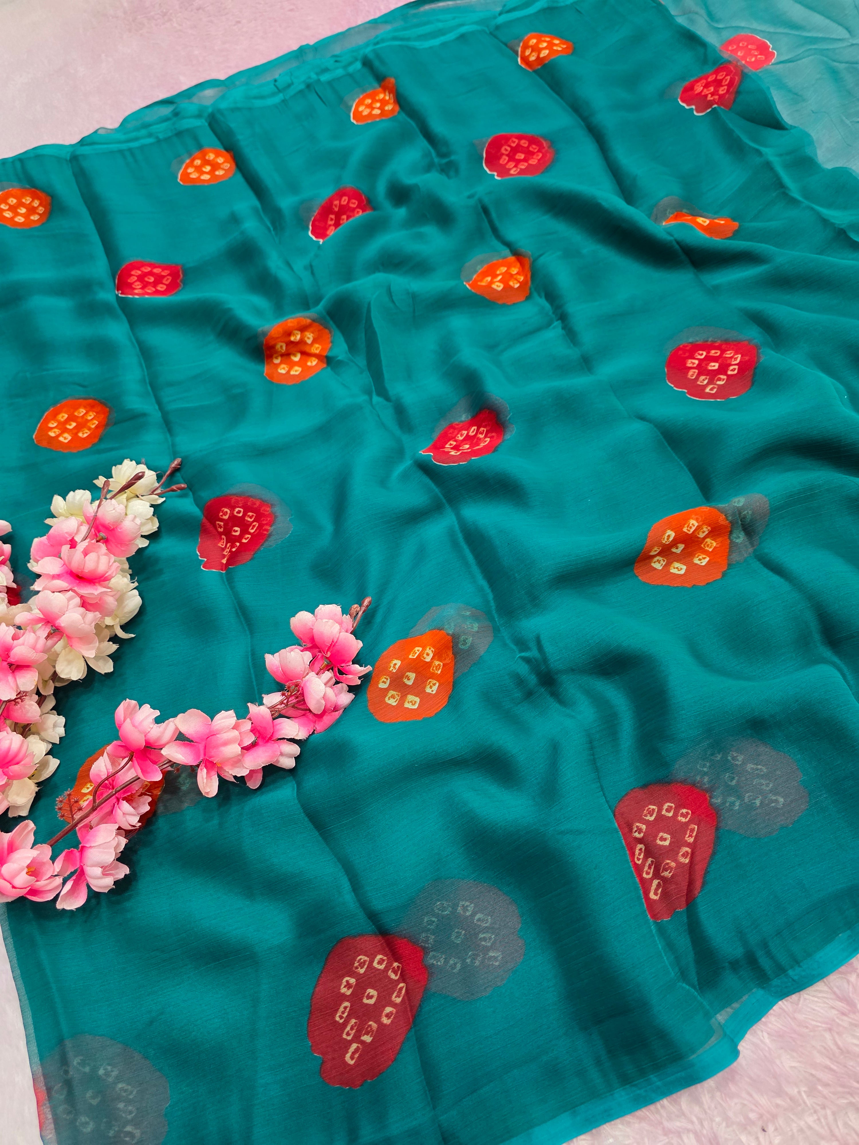 103906 Lightweight Elegant Semi Chiffon bandhani Laddu Print Saree - Teal