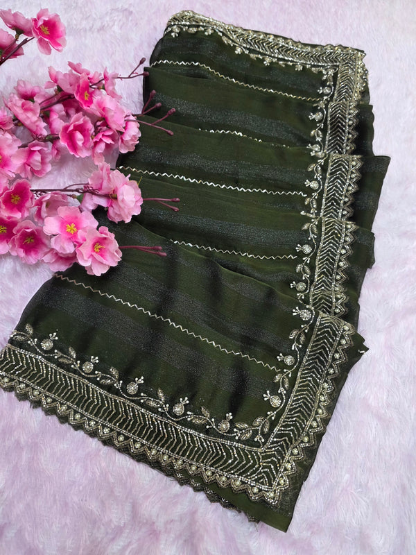 525003 Fancy Party Wear Saree with Heavy Handwork On Border and Designer Heavy Blouse - Green