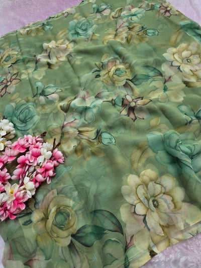 103901 Lightweight Elegant Semi Chiffon Flower Print Saree - Green