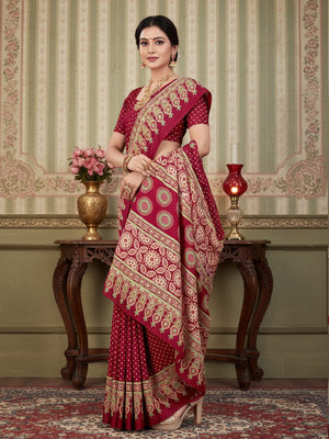 937004 Traditional Ajrakh Print Satin Silk Saree - Wine