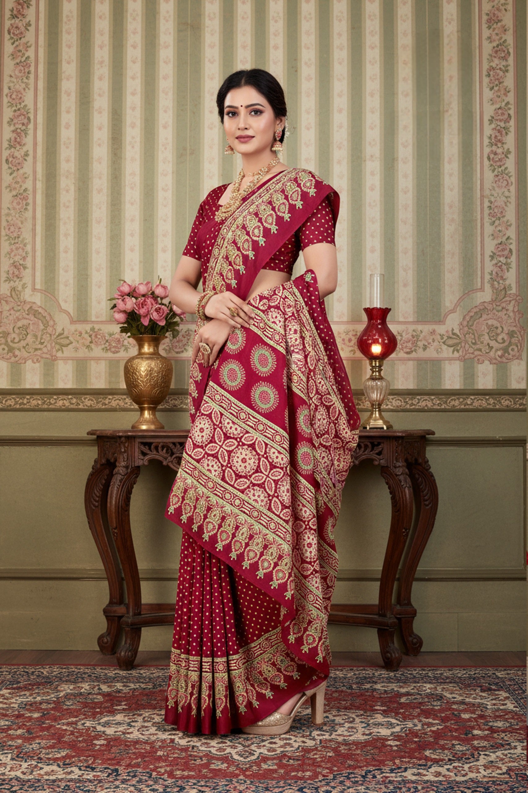 937004 Traditional Ajrakh Print Satin Silk Saree - Wine