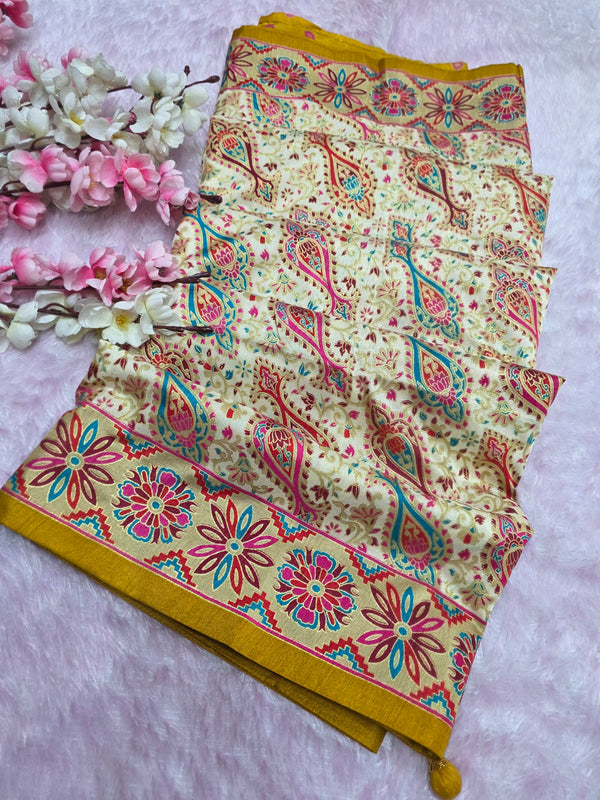 948002 Royal Kashmiri Print Semi Dola Silk Saree - Mustered