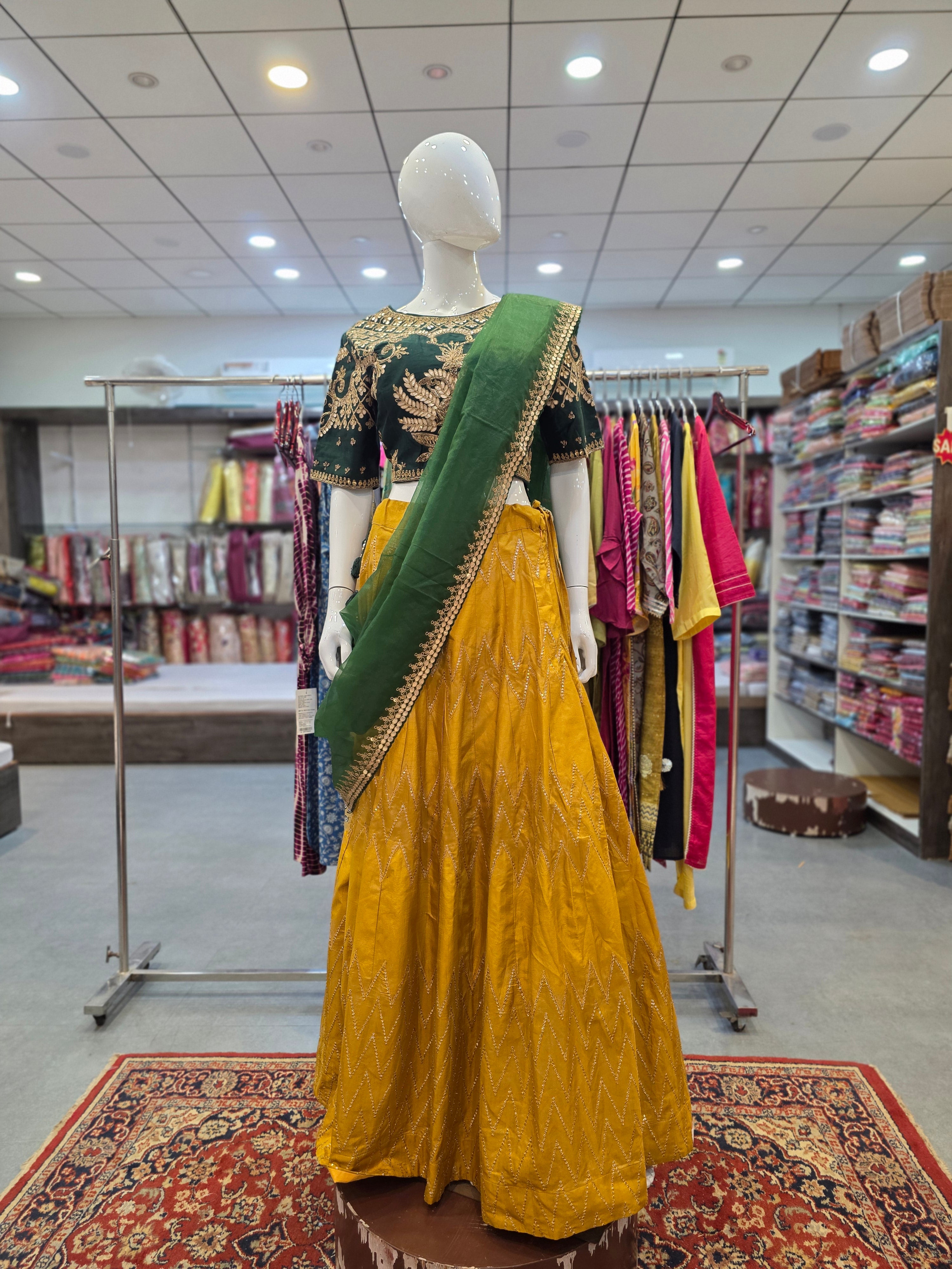 934002 Traditional and Stylish Pure Russian Silk Lehenga with Gotapatti Work Stitched Blouse and Organza Dupatta