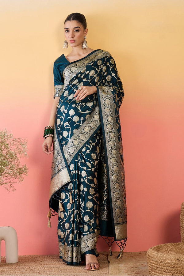912001 Jhankar Zal Work Banarasi Satin Silk Saree - Blue