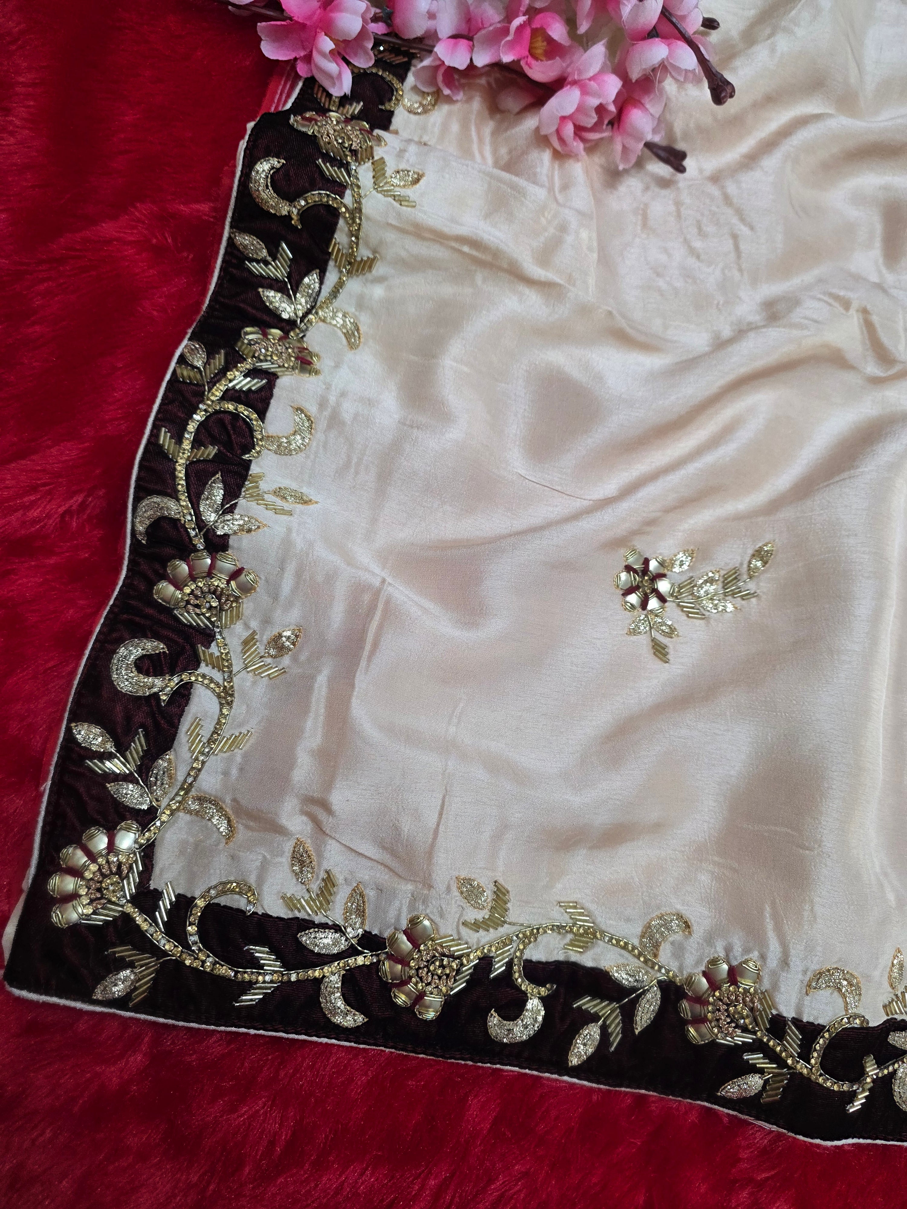 5464 Pure Russian Silk Beautiful Hand Crafted Designer Peach Saree with Heavy Micro Velvet Blouse