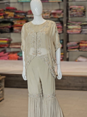 11427 Premium Silk Designer Partywear Dress with Crop Top, Cape & Sharara Set