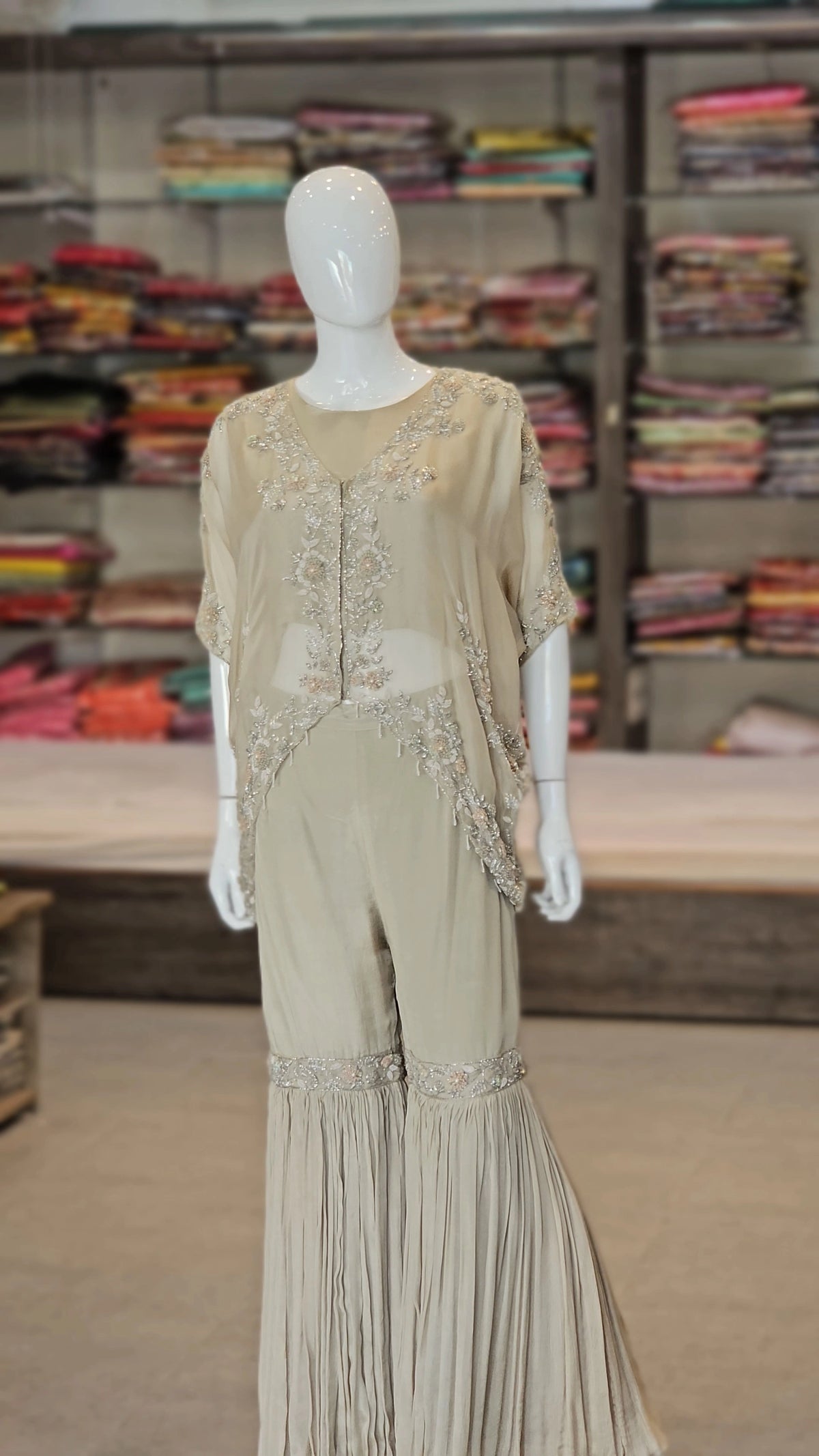 11427 Premium Silk Designer Partywear Dress with Crop Top, Cape & Sharara Set