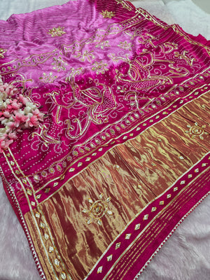 CA0763 Traditional Lehriya Semi Gajji Silk Saree With Kachhi Gota Patti - Pink