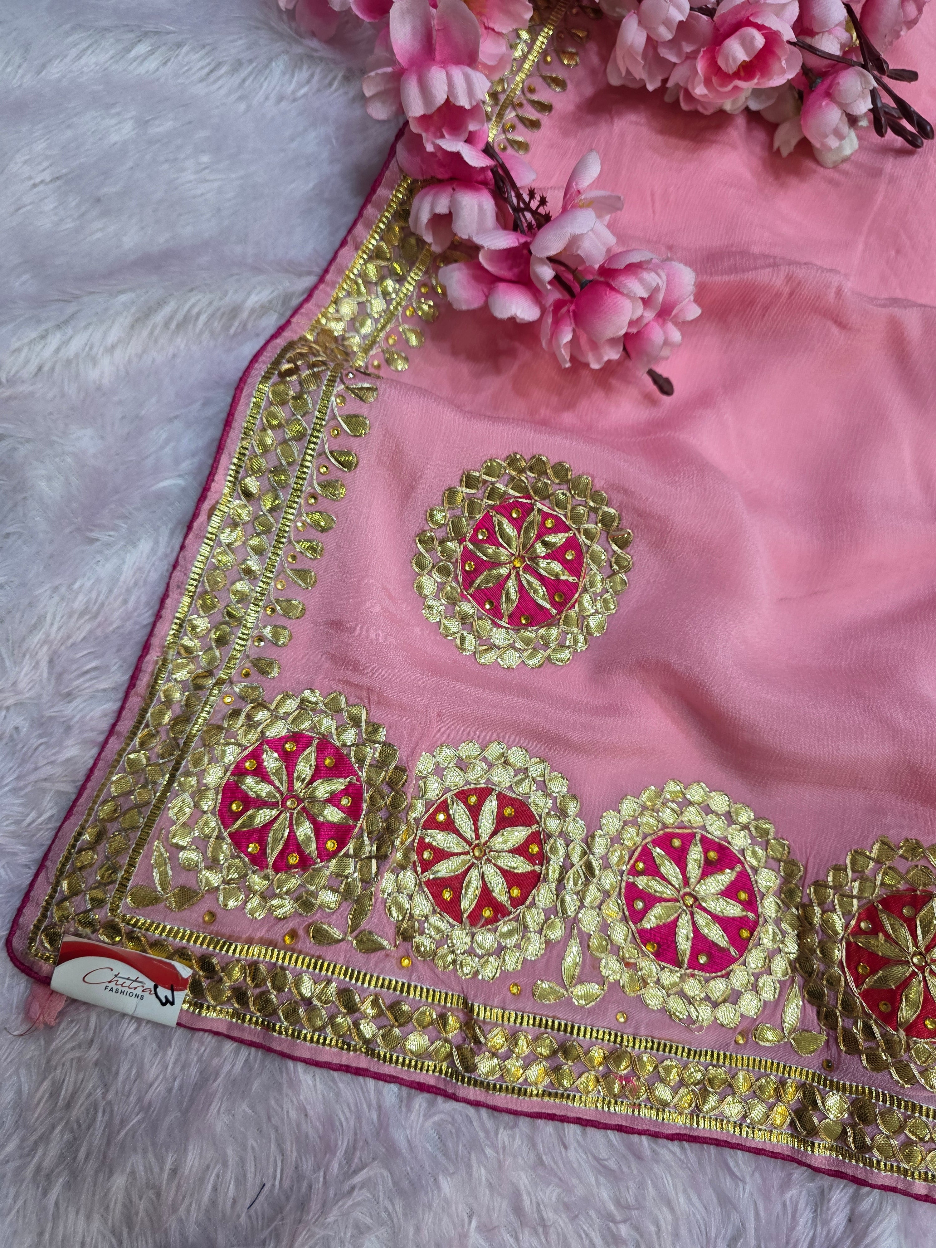 505008 Beautiful Rajasthani Gotapatti Work Pure Chinon Silk Saree