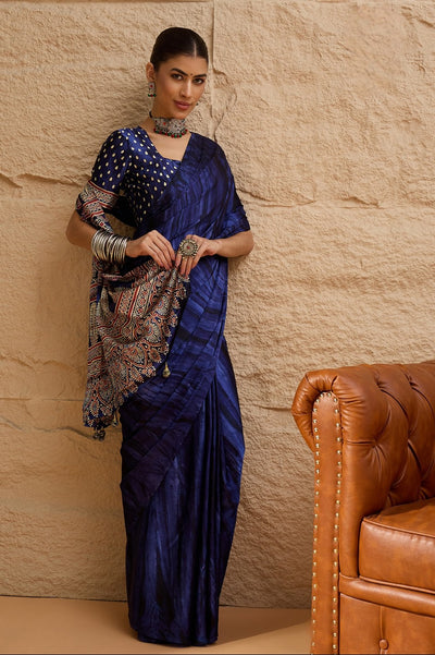 917007 Trending Ajrakh Print with Shibbori Semi Modal Silk Saree - Blue