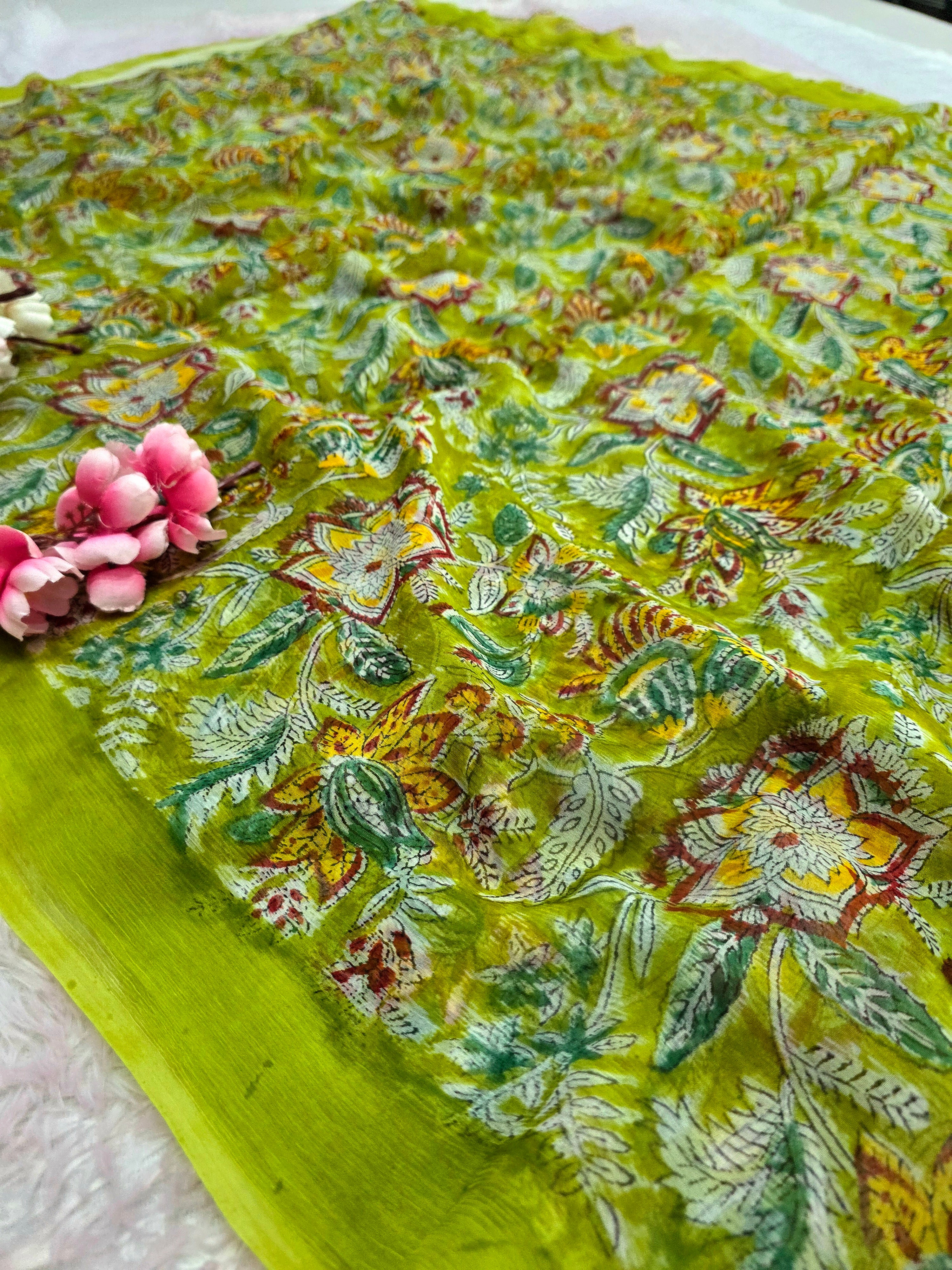104302 Pure Rajasthani Diamond Chiffon Saree with Hand Ajrakh Print