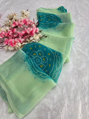 CA1486 Lightweight Elegant Semi Chiffon Bandhani Print Saree - Green