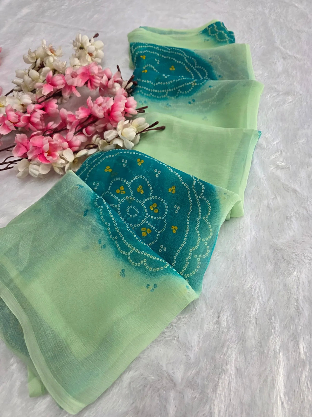 CA1486 Lightweight Elegant Semi Chiffon Bandhani Print Saree - Green
