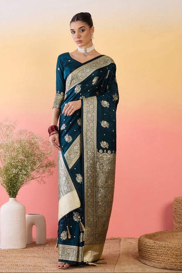 912002 Flower Butta Banarasi Satin Silk Saree - Blue