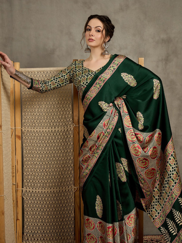 823005 Trending Ajrakh Print Semi Modal Silk Green Saree