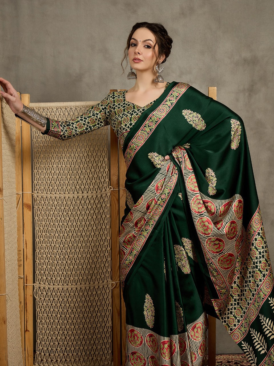 823005 Trending Ajrakh Print Semi Modal Silk Green Saree