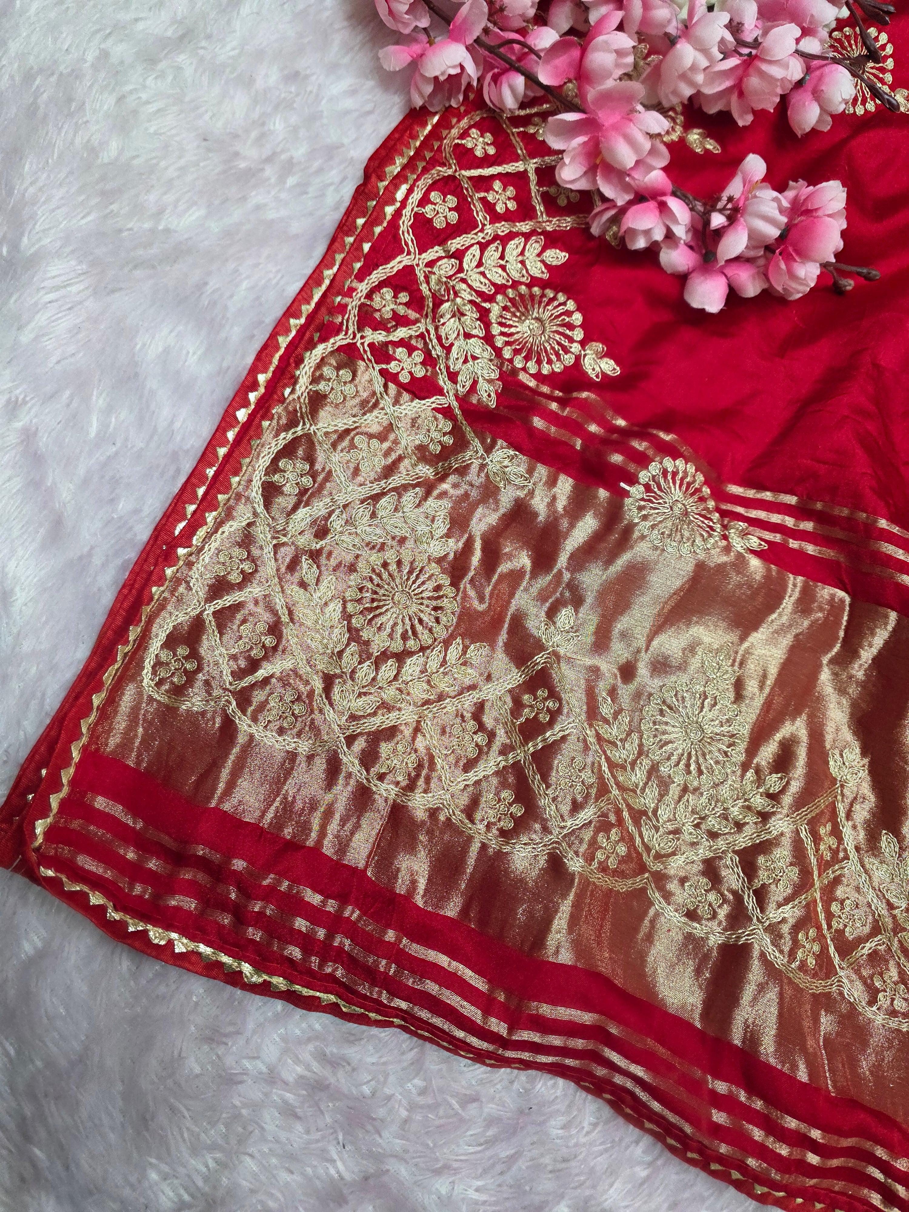 966006 Designer Semi Gajji Silk Pita Work Saree with Lagadi Patta - Red
