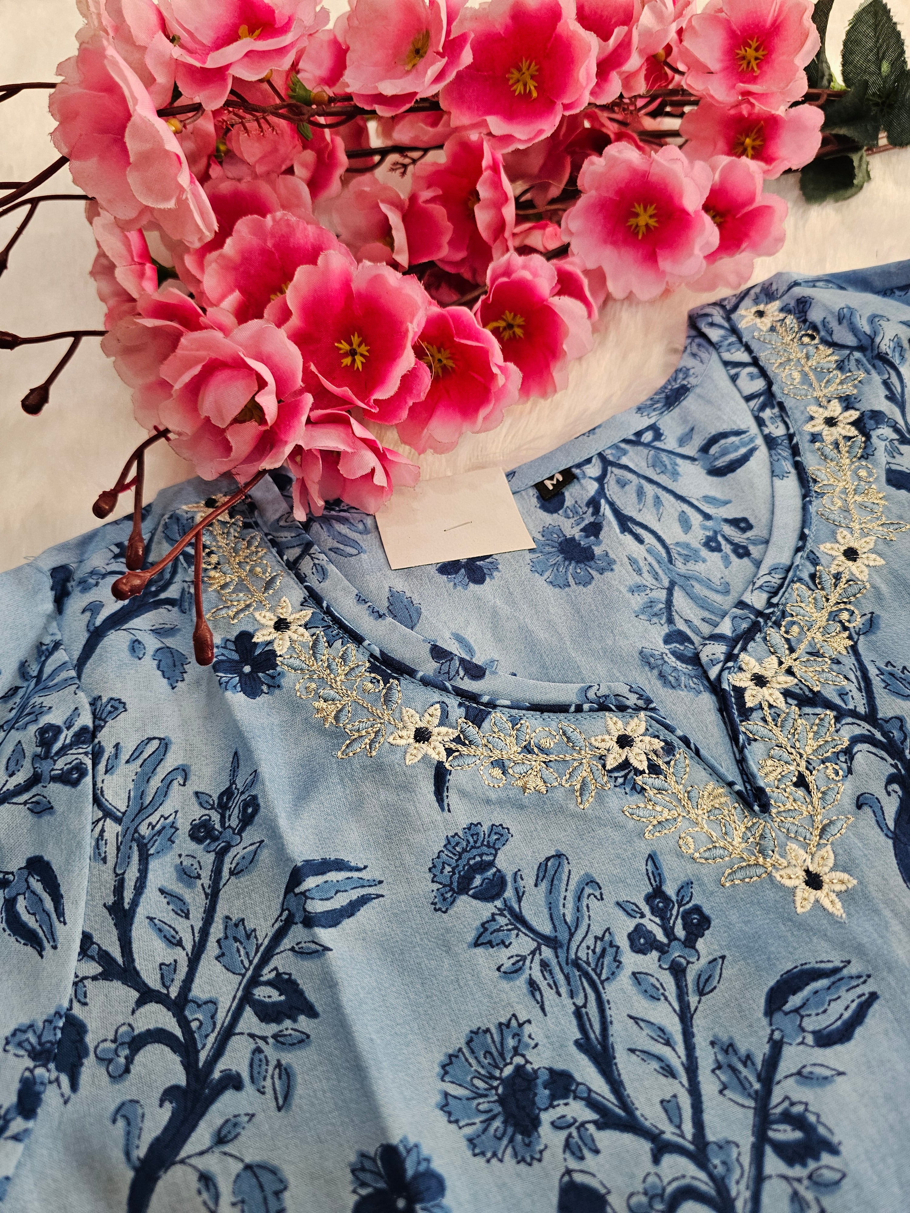 767002 Sky Blue Color Embroidered Pure Cotton Flower Printed Straight Kurti With Pant & Dupatta
